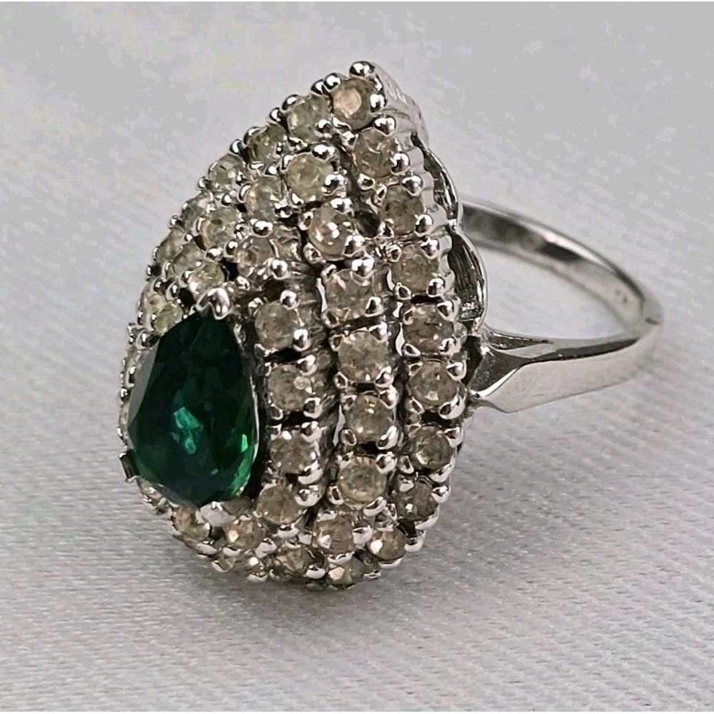 Vintage Panetta Sterling Silver Green Rhinestone Cocktail Ring Size 8 Signed - Picture 4 of 10
